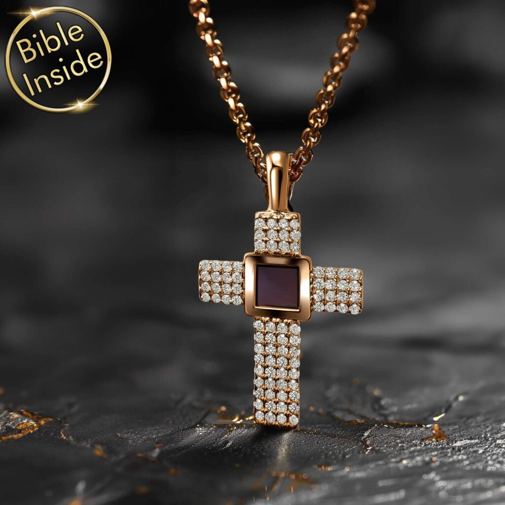 Christian Prayer Necklace Gold Cross Pendant With Crystal Accents And Bible Inside My Nano Jewelry